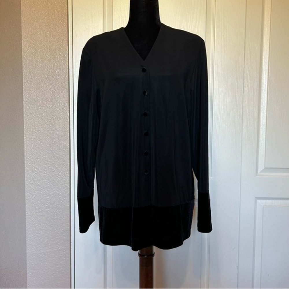 Vintage‎ Susan Graver QVC Black Button Down Velvet Trimmed Blouse Size Large